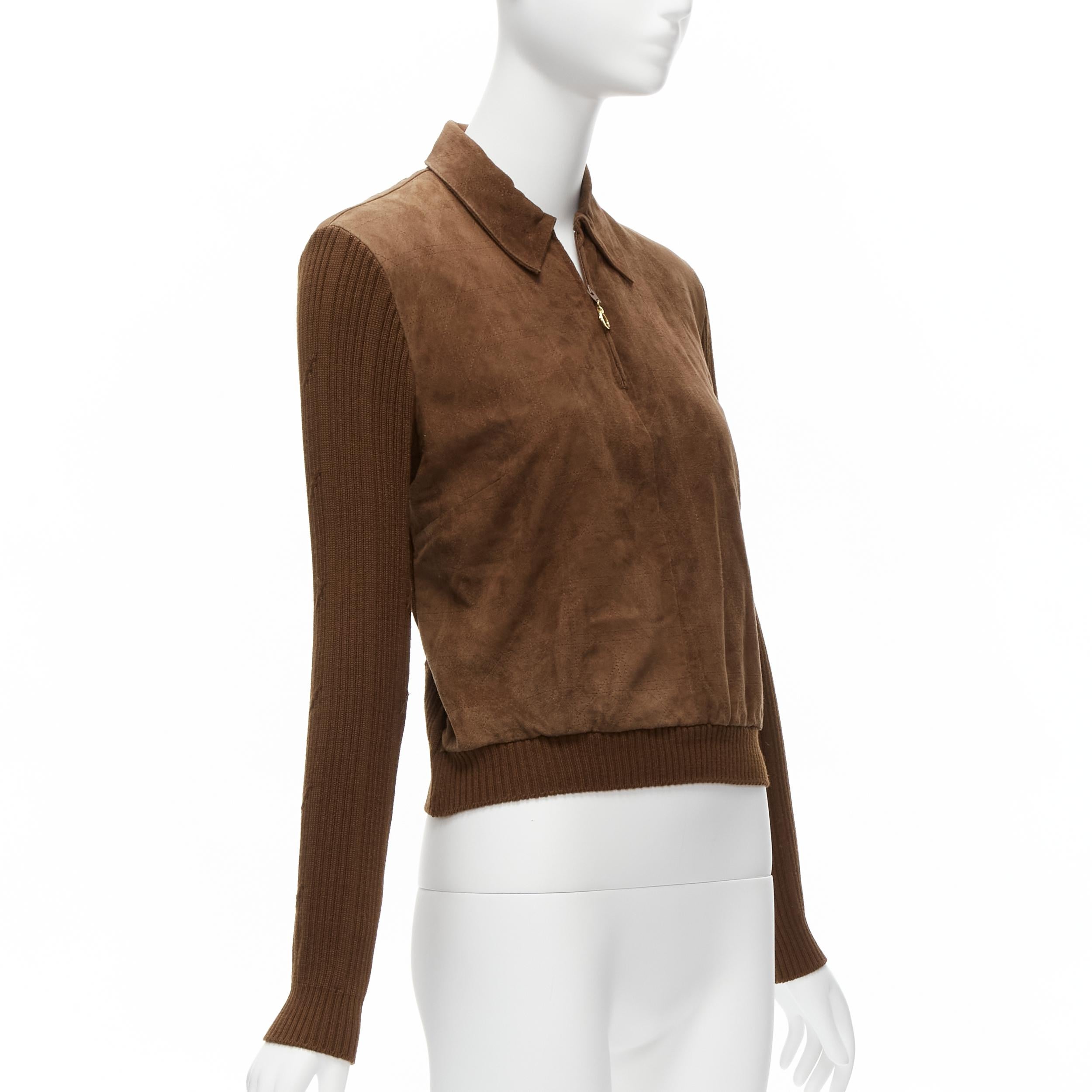 Brown CHRISTIAN DIOR Vintage Cannage stitch suede leather ribbed half zip sweater For Sale