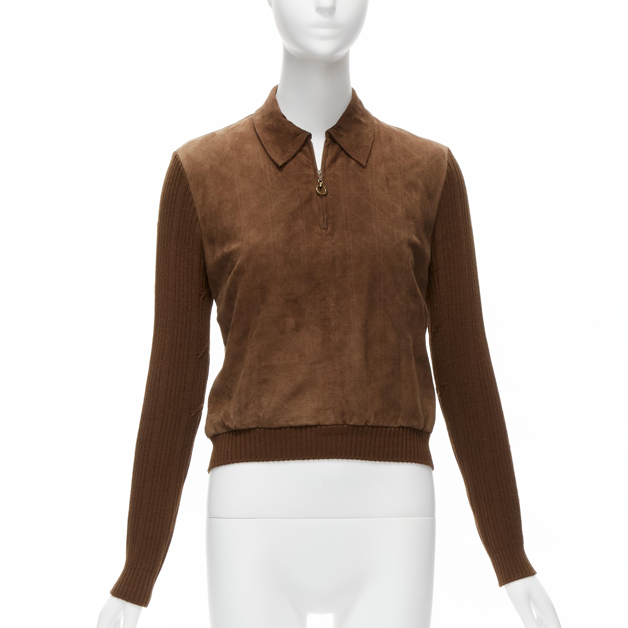 CHRISTIAN DIOR Vintage Cannage stitch suede leather ribbed half zip sweater For Sale