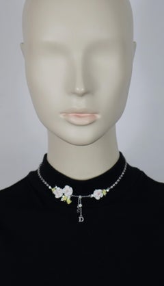 CHRISTIAN DIOR Vintage CD Logo Pastel Roses Crystal Necklace