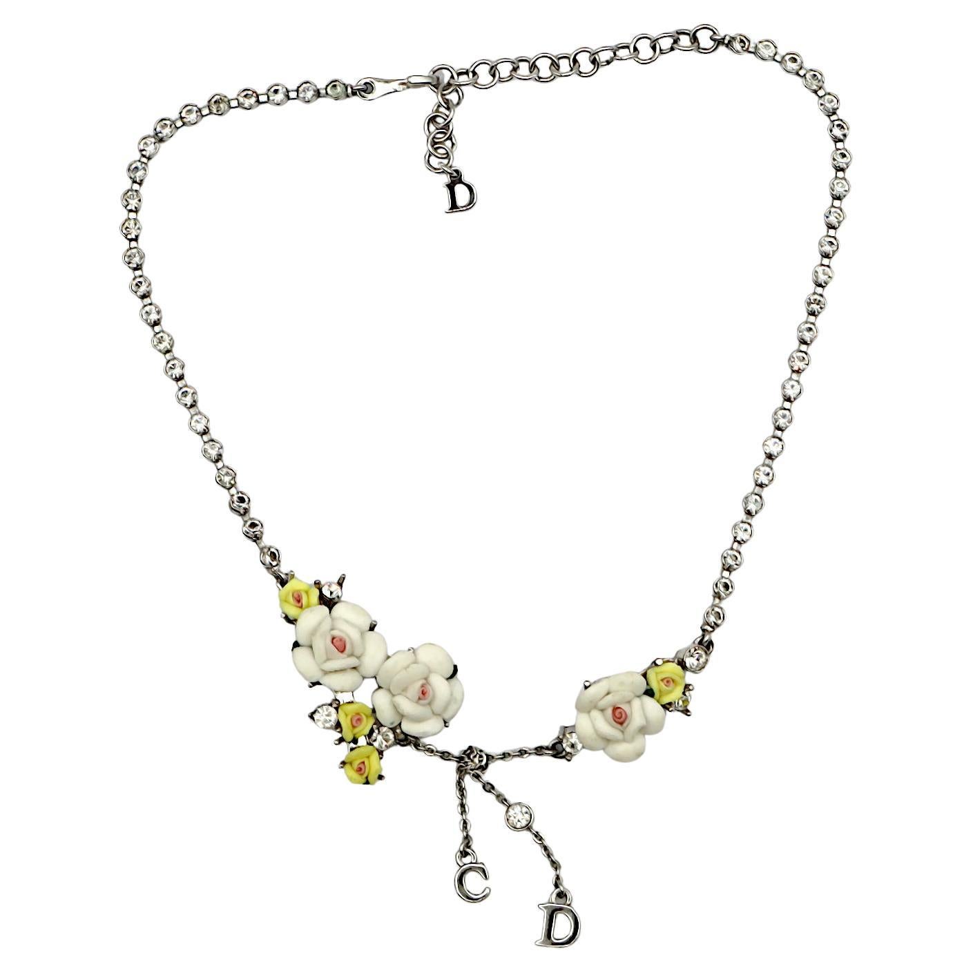 CHRISTIAN DIOR Vintage CD Logo Pastel Roses Crystal Necklace