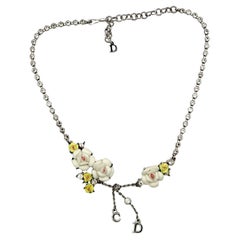 CHRISTIAN DIOR Vintage CD Logo Pastel Roses Crystal Necklace