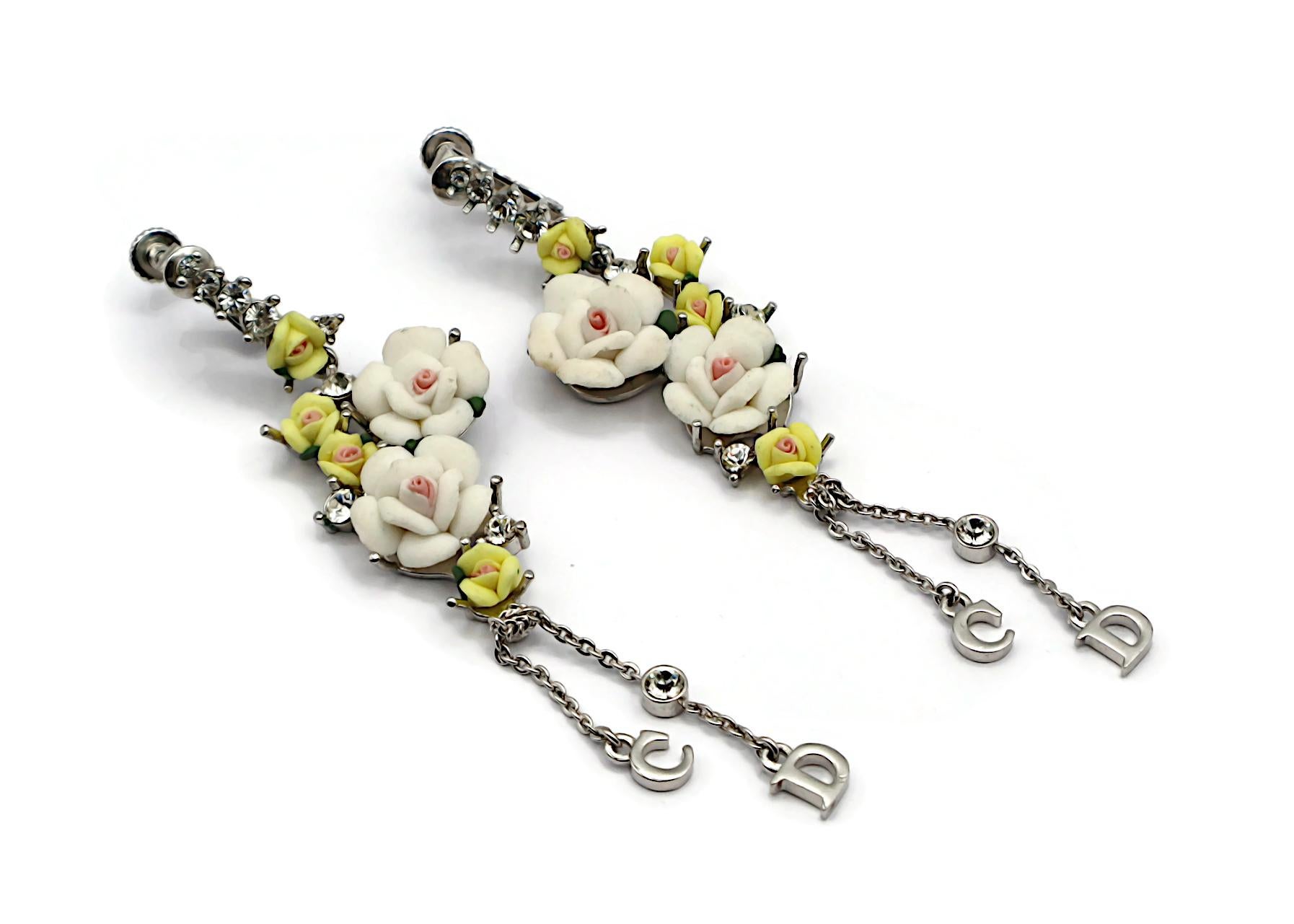 Women's CHRISTIAN DIOR Vintage CD Logo Pastel Roses Dangle Earrings For Sale