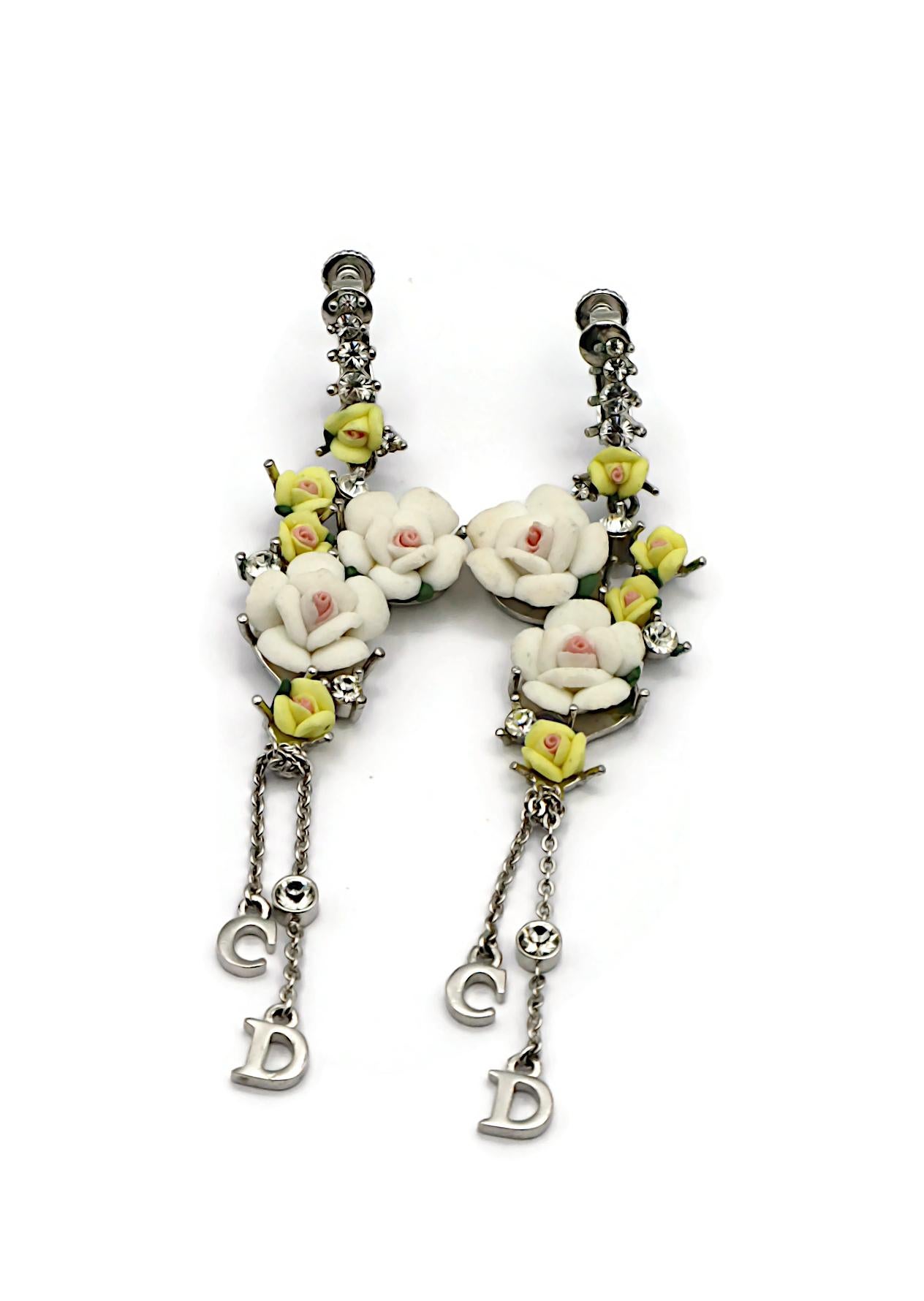 CHRISTIAN DIOR Vintage CD Logo Pastel Roses Dangle Earrings For Sale 1
