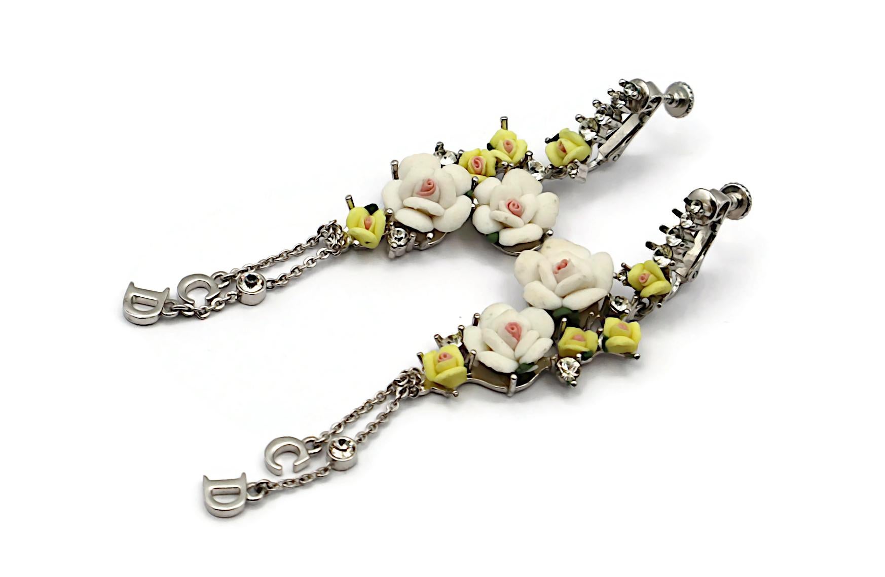 CHRISTIAN DIOR Vintage CD Logo Pastel Roses Dangle Earrings For Sale 2