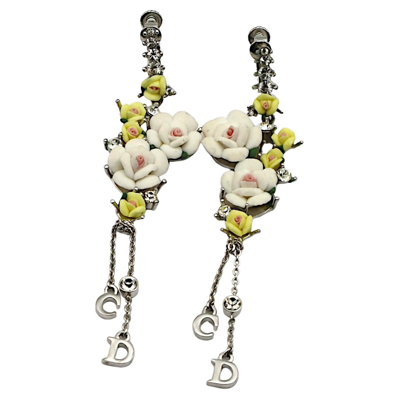 CHRISTIAN DIOR Vintage CD Logo Pastel Roses Dangle Earrings For Sale