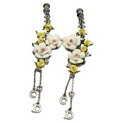 CHRISTIAN DIOR Vintage CD Logo Pastel Roses Dangle Earrings
