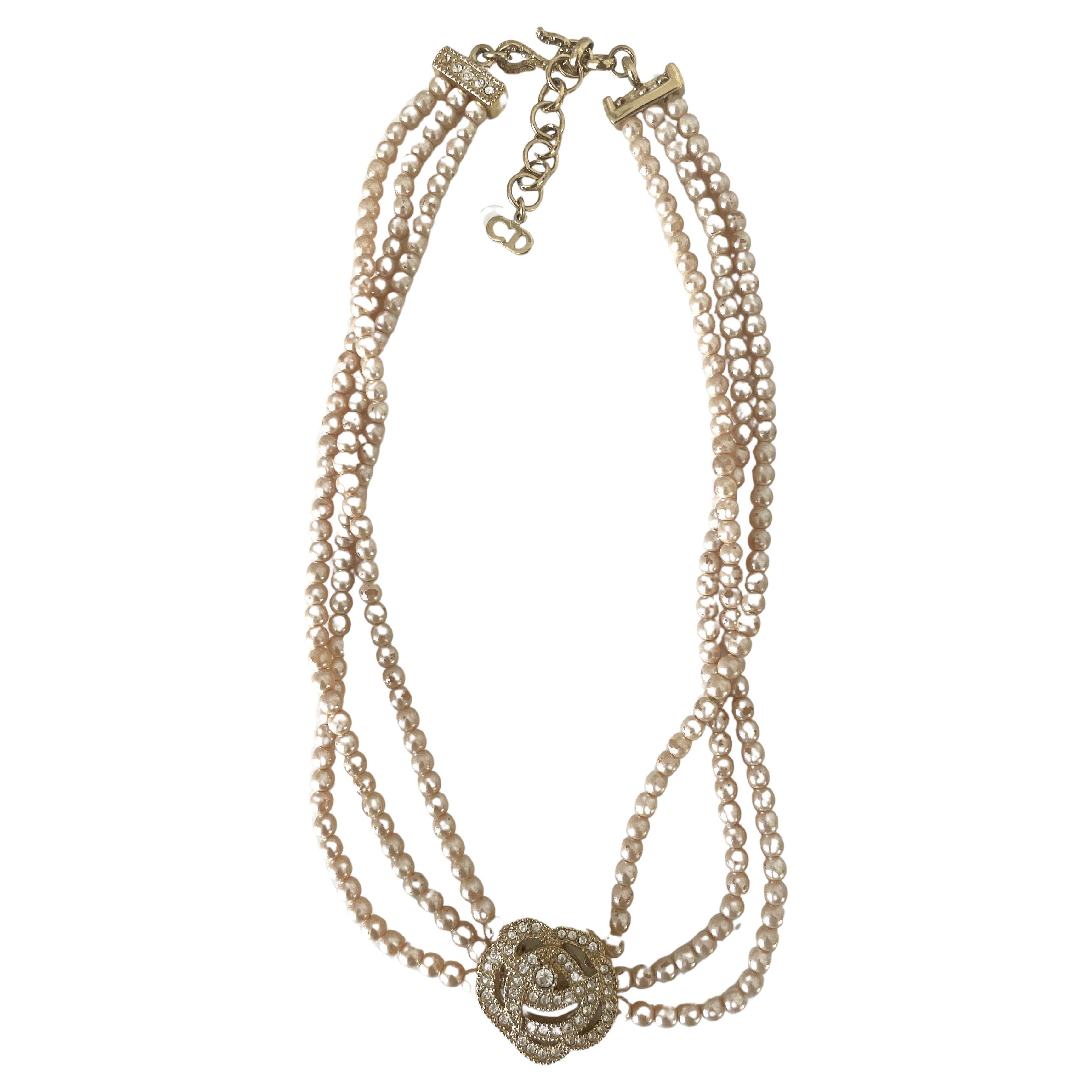 Christian Dior Vintage Choke Necklace Pearls Golden Details Rhinestones 90s For Sale