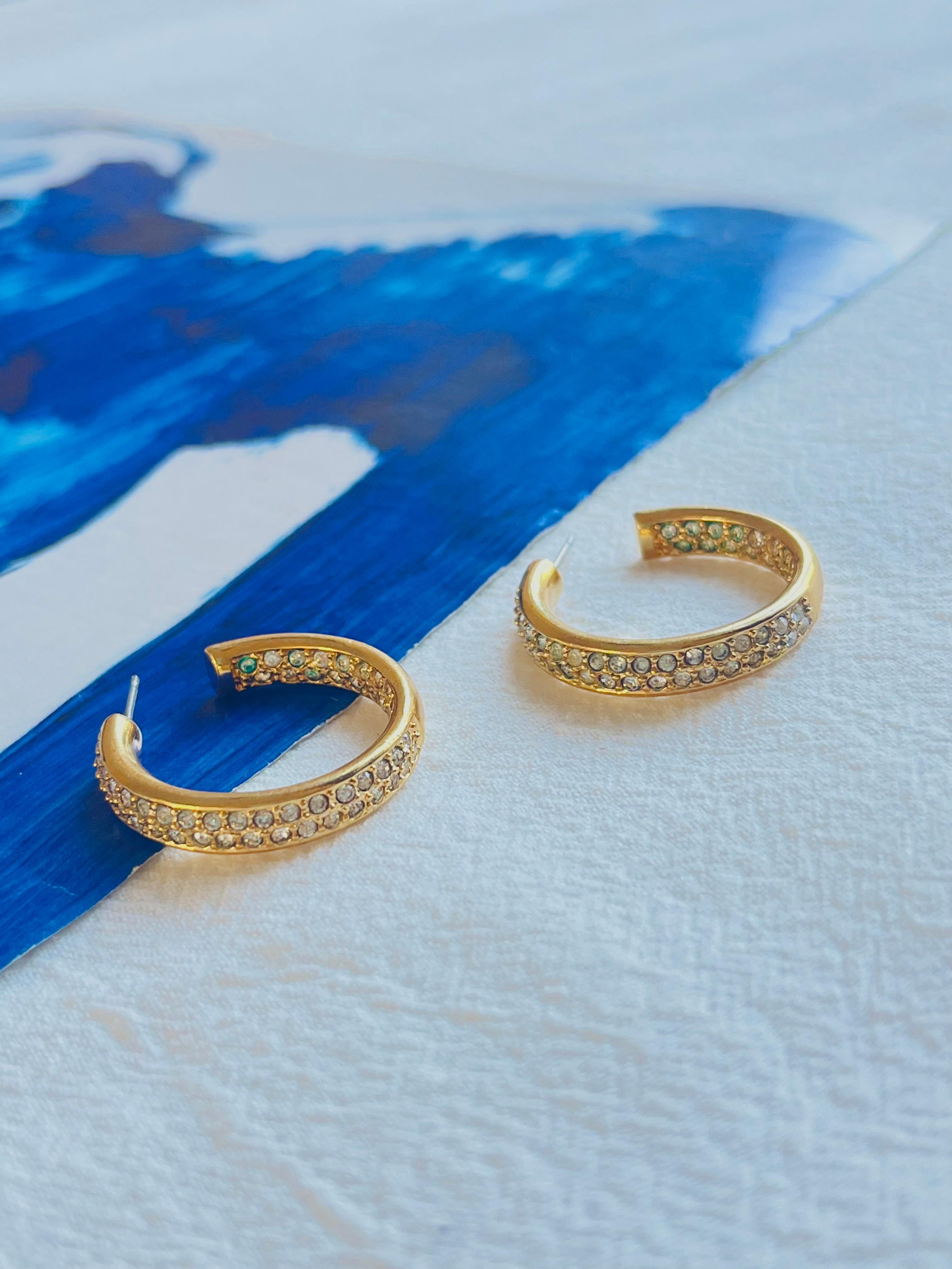 Christian Dior Vintage Circle Glow Open Hoop Crystals Huggie Pierced Earrings In Good Condition In Wokingham, England