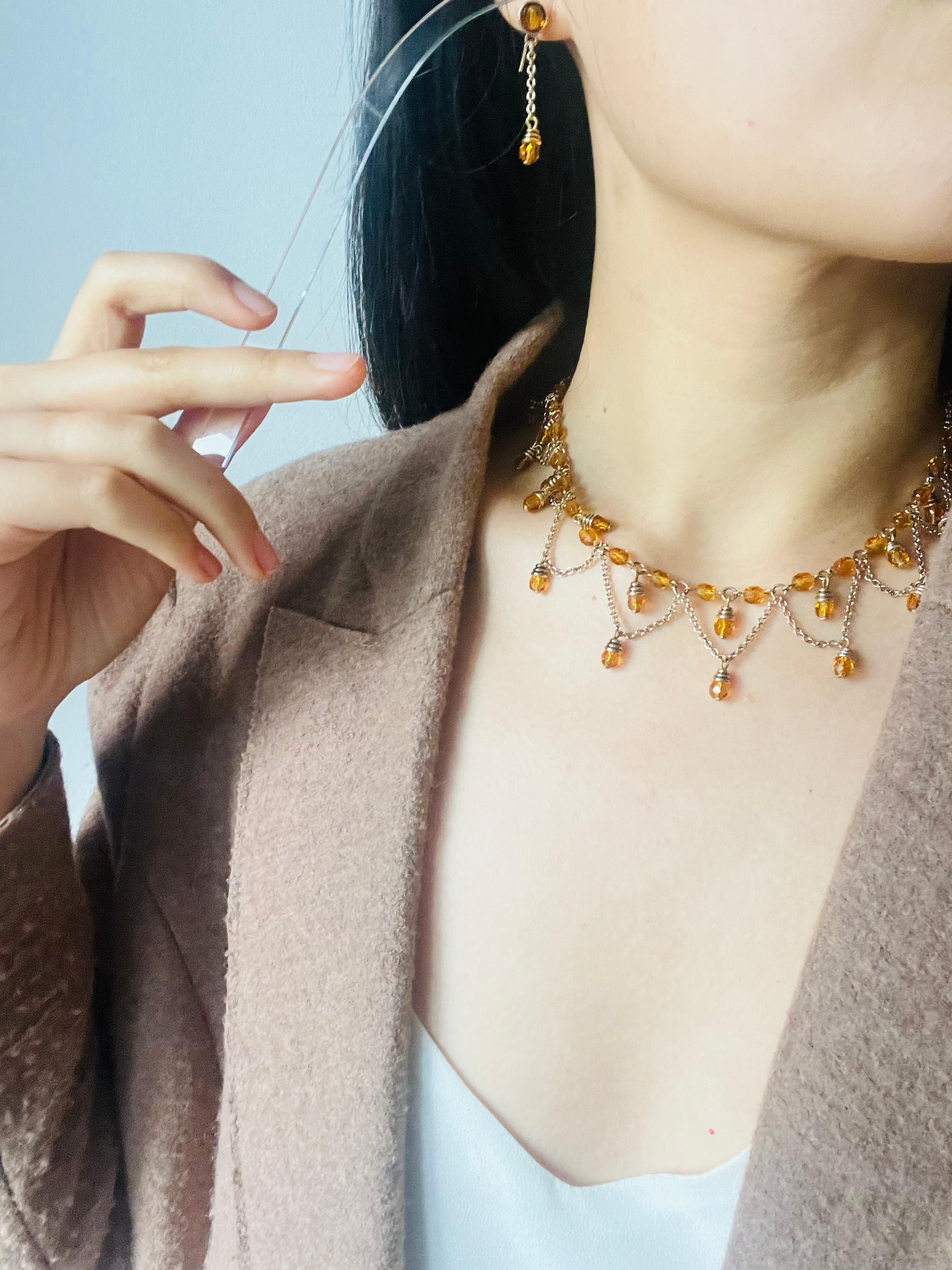 Christian Dior Vintage Citrine Crystals Bib Tassel Drop Set Necklace Earrings en vente 6