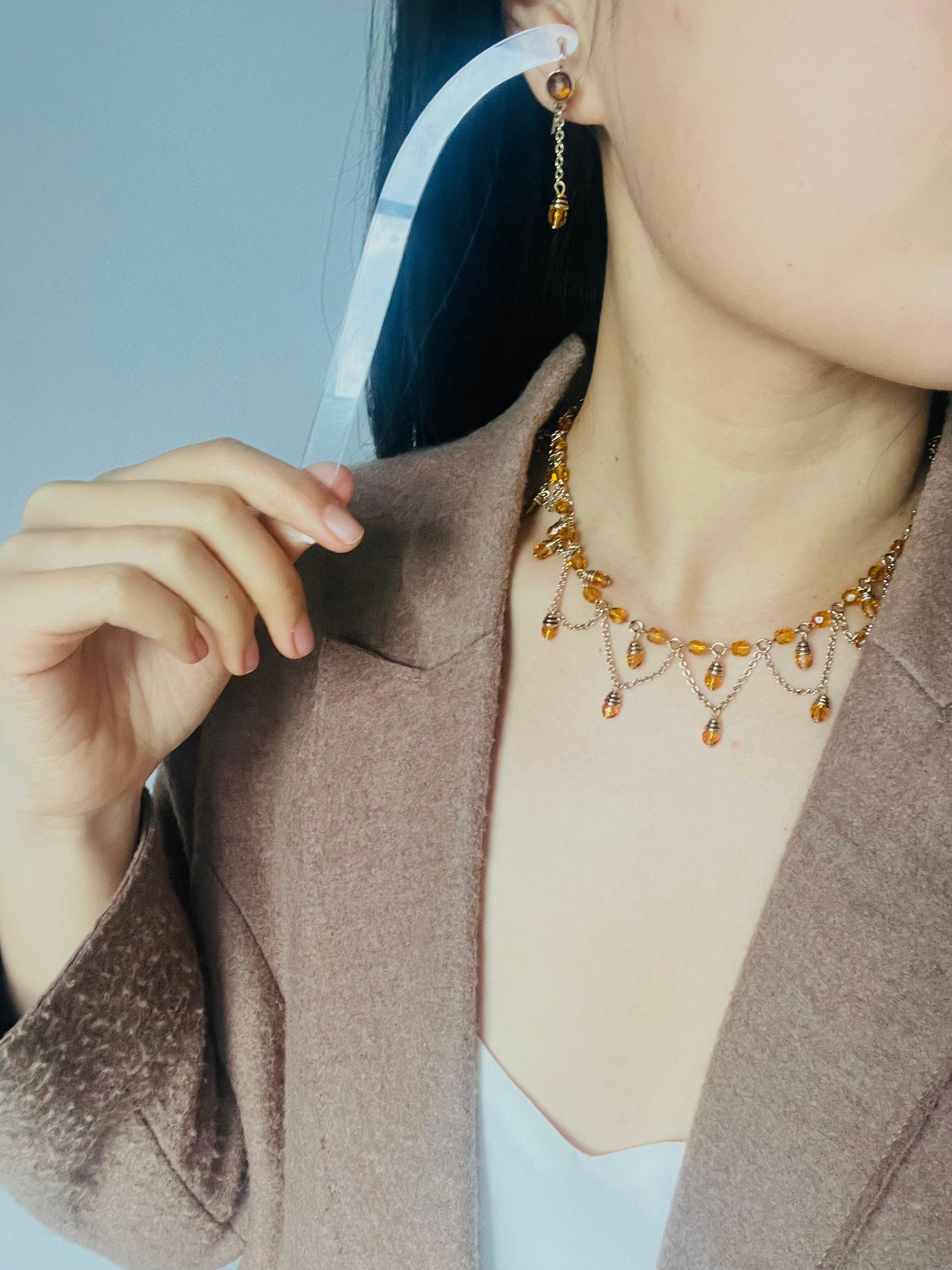 Christian Dior Vintage Citrine Crystals Bib Tassel Drop Set Necklace Earrings en vente 7