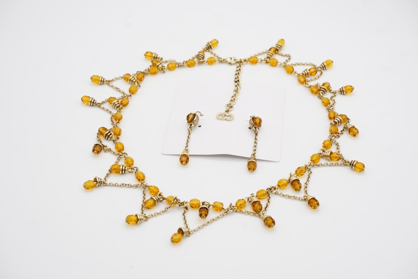 Christian Dior Vintage Citrine Crystals Bib Tassel Drop Set Necklace Earrings en vente 9