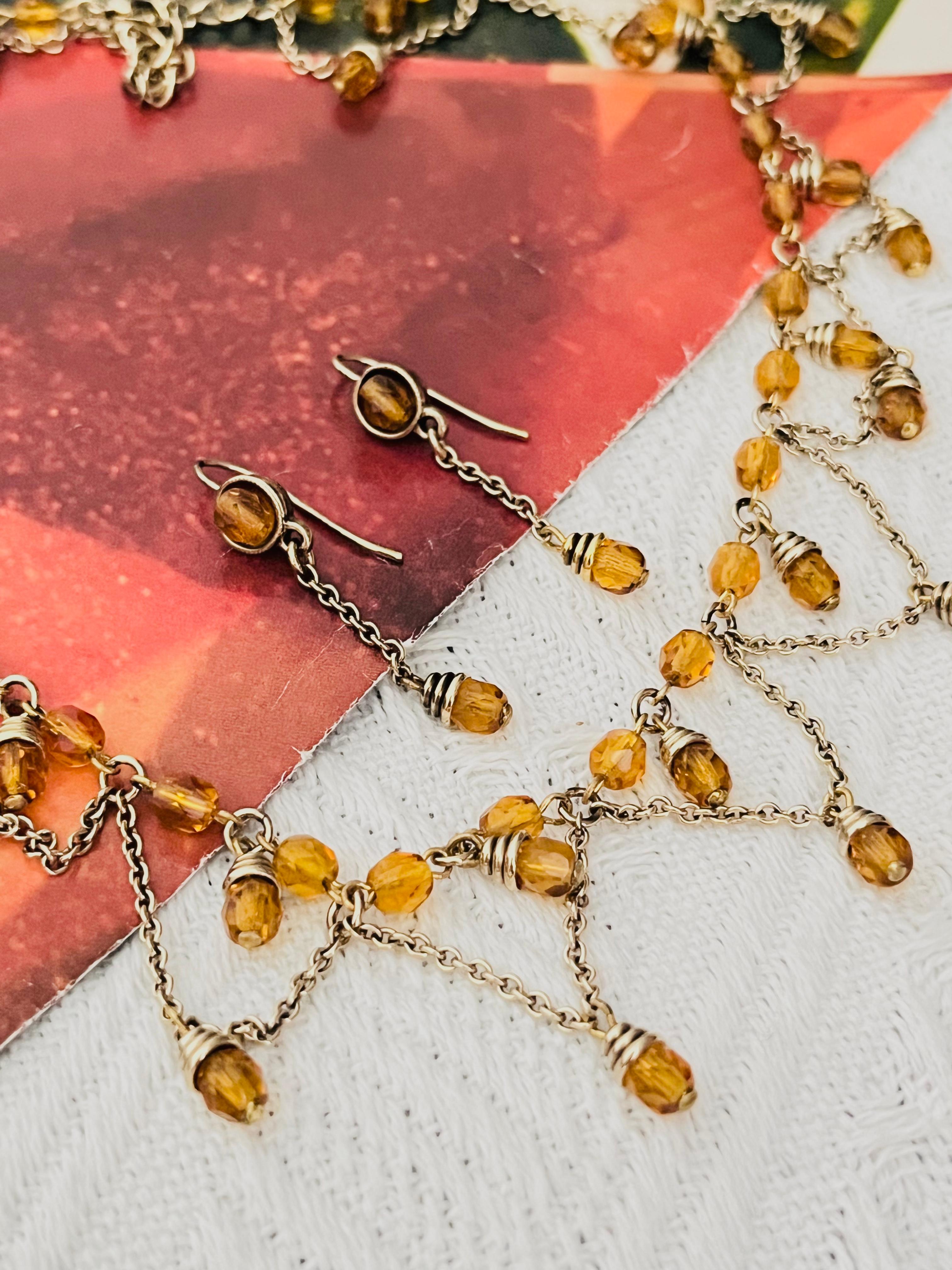 Art déco Christian Dior Vintage Citrine Crystals Bib Tassel Drop Set Necklace Earrings en vente
