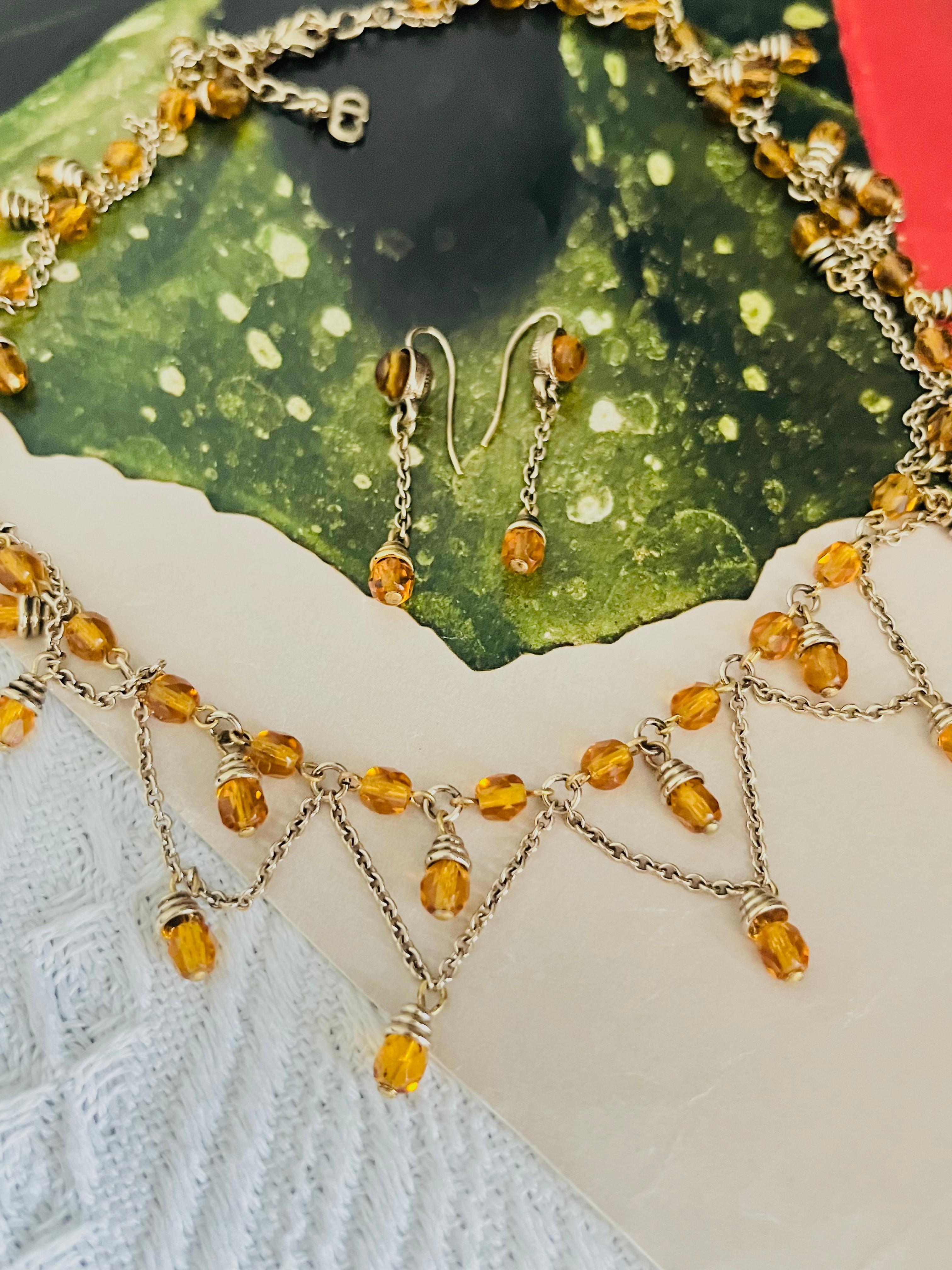 Christian Dior Vintage Citrine Crystals Bib Tassel Drop Set Necklace Earrings Unisexe en vente