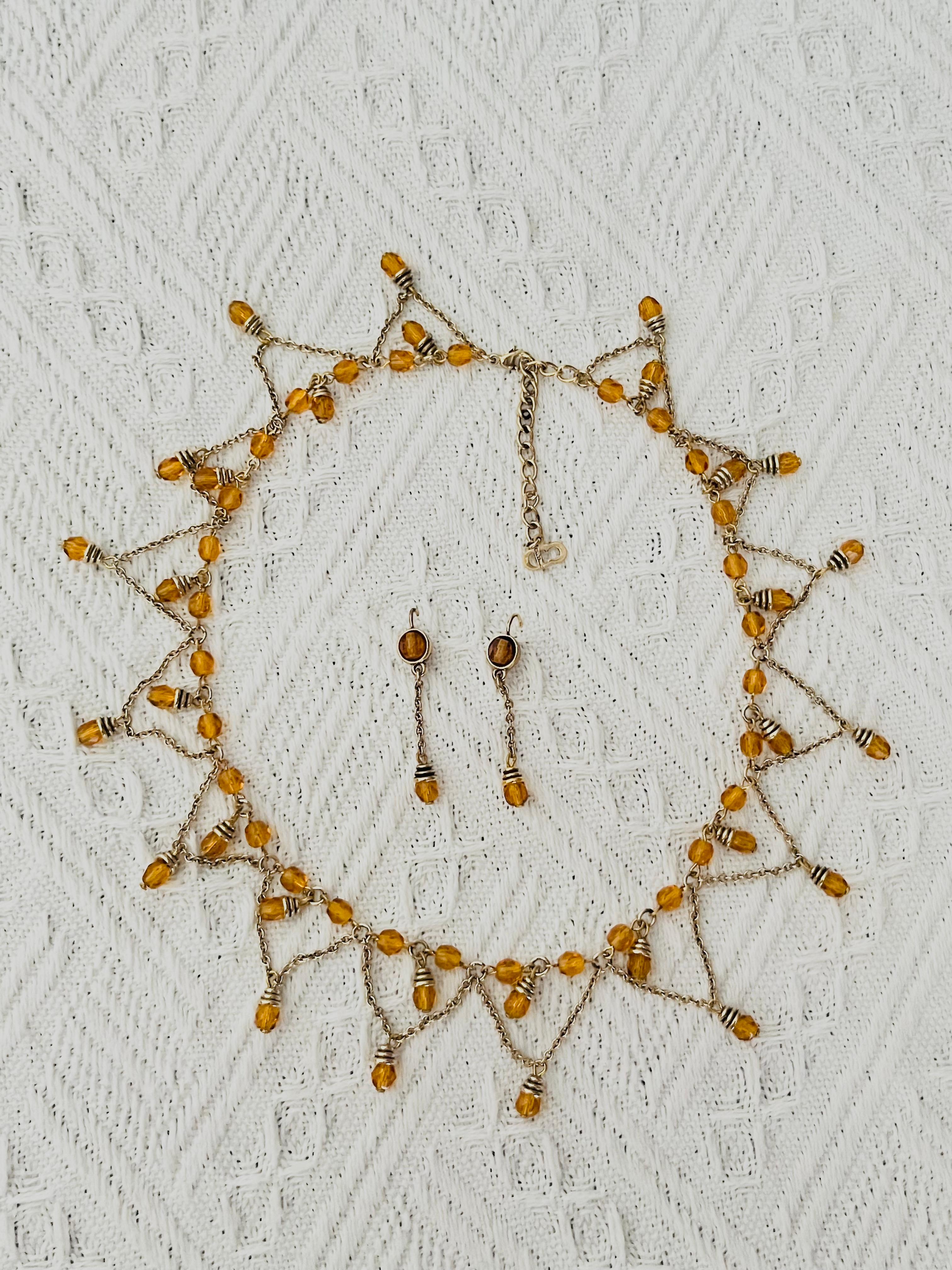 Christian Dior Vintage Citrine Crystals Bib Tassel Drop Set Necklace Earrings en vente 1