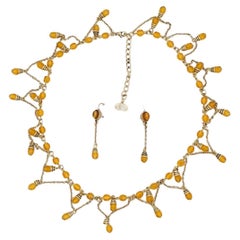 Christian Dior Vintage Citrine Crystals Bib Tassel Drop Set Necklace Earrings