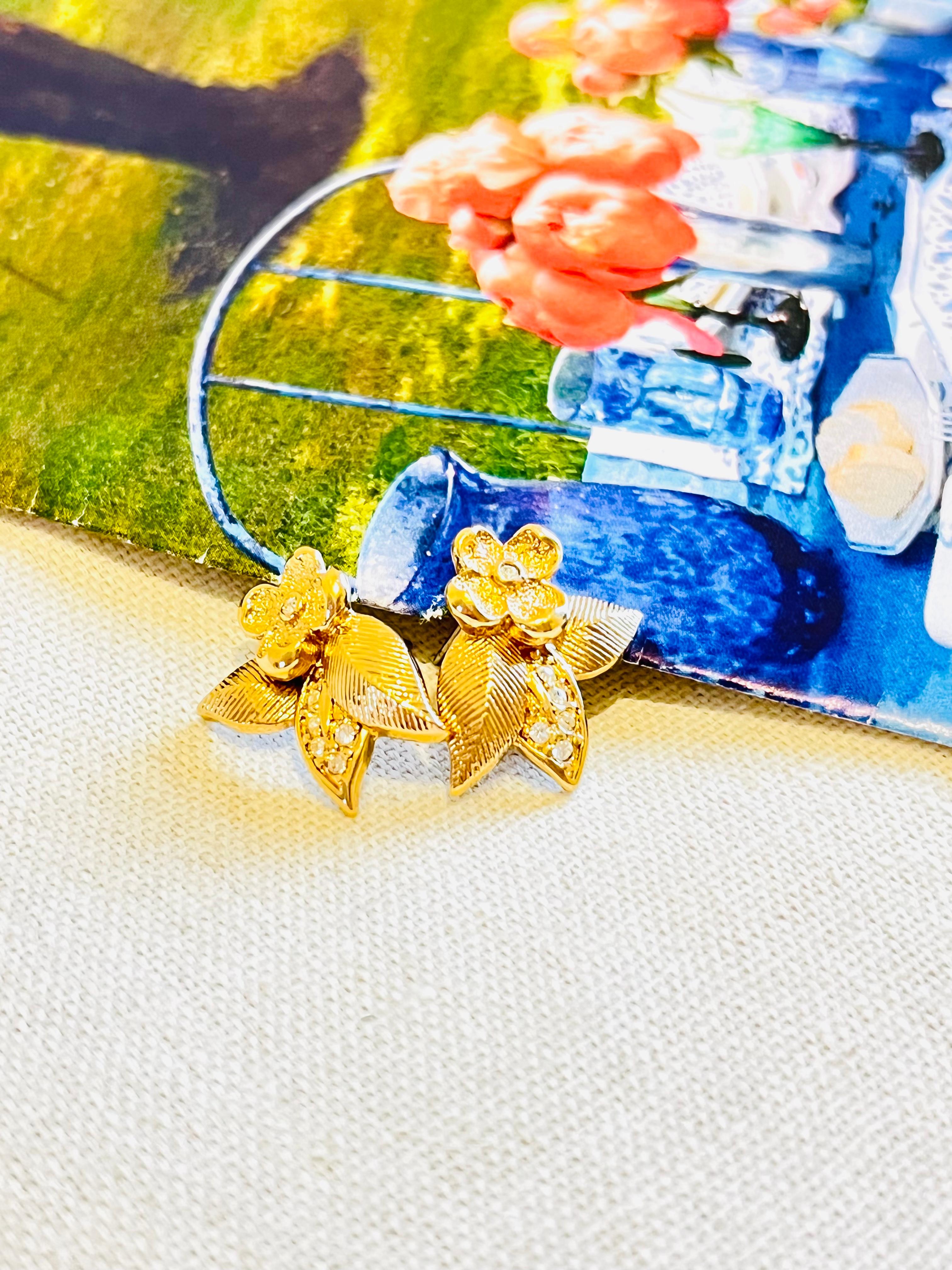 Art Deco Christian Dior Vintage Cluster Flower Leaf Crystal Elegant Gold Pierced Earrings For Sale