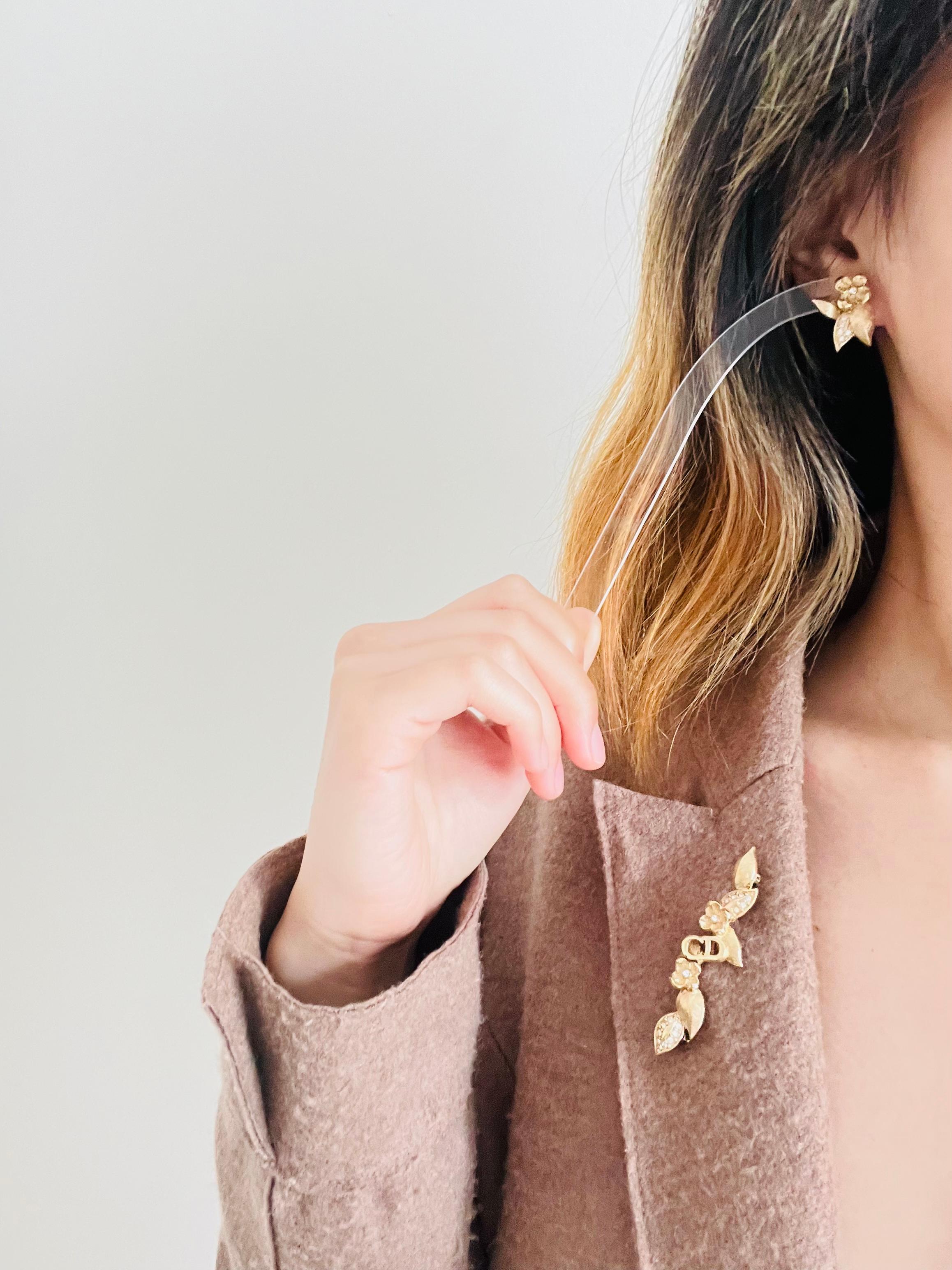 Art Deco Christian Dior Vintage Cluster Flower Leaf Crystal Elegant Gold Pierced Earrings For Sale