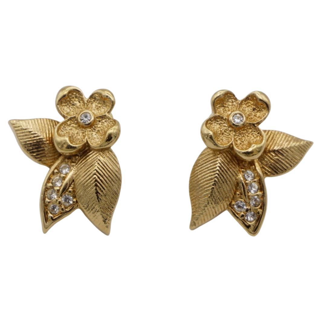 Christian Dior Vintage Cluster Flower Leaf Crystal Elegant Gold Pierced Earrings For Sale