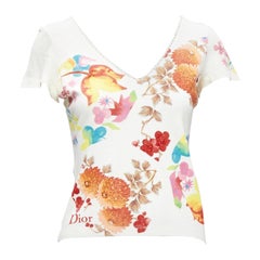 CHRISTIAN DIOR Vintage cream cotton floral print lace trim V-neck t-shirt FR38