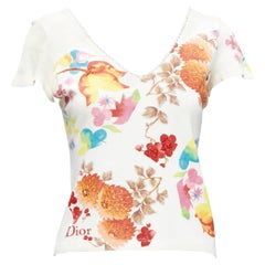 CHRISTIAN DIOR Vintage cream floral bead embellished lace V-neck t-shirt FR38