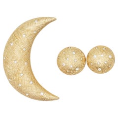 Christian Dior Vintage Crescent Moon Circle Sun Crystals Set Brooch Earrings