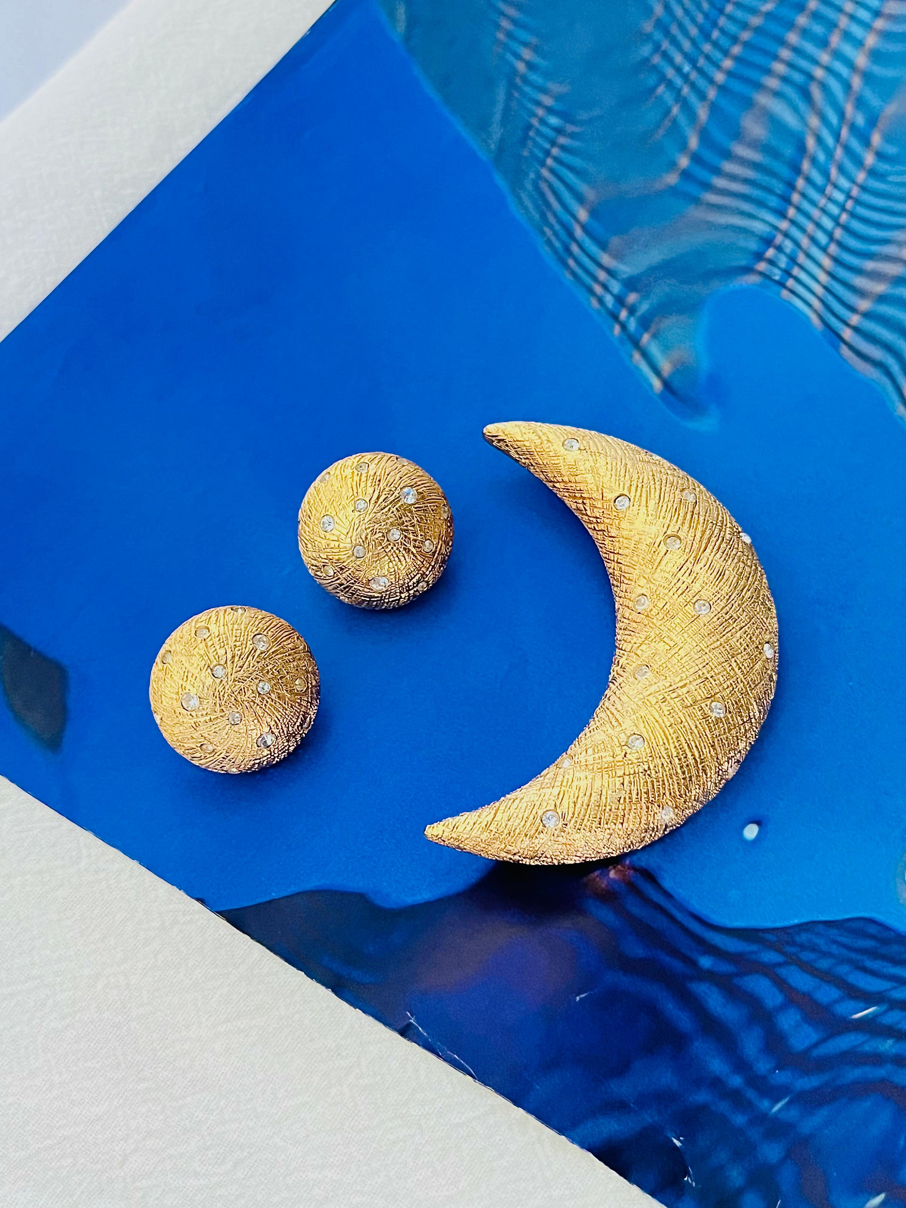 Baroque Christian Dior Vintage Crescent Moon Circle Sun Crystals Set Brooch Earrings