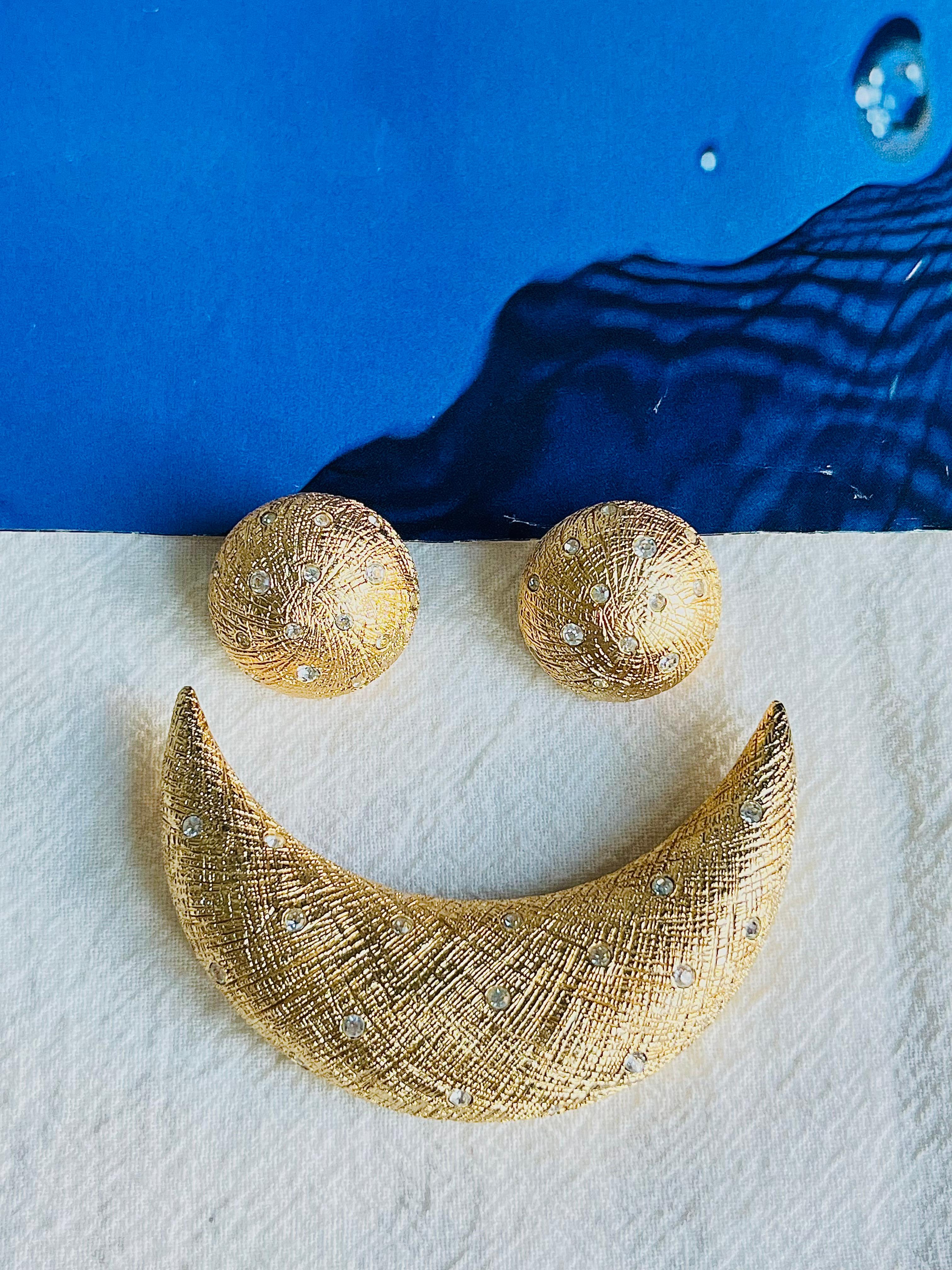 Christian Dior Vintage Crescent Moon Circle Sun Crystals Set Brooch Earrings In Excellent Condition In Wokingham, England