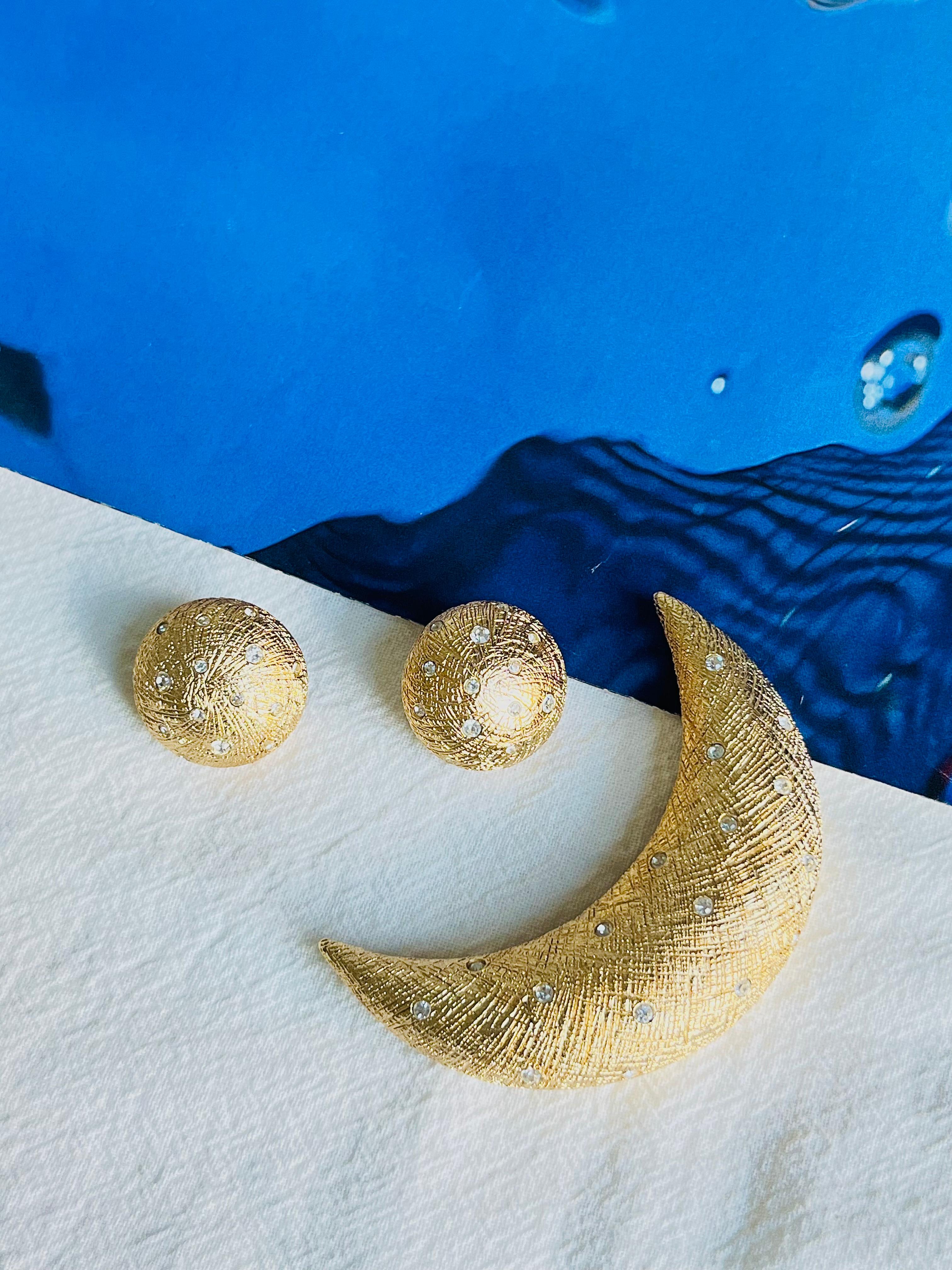 Women's or Men's Christian Dior Vintage Crescent Moon Circle Sun Crystals Set Brooch Earrings