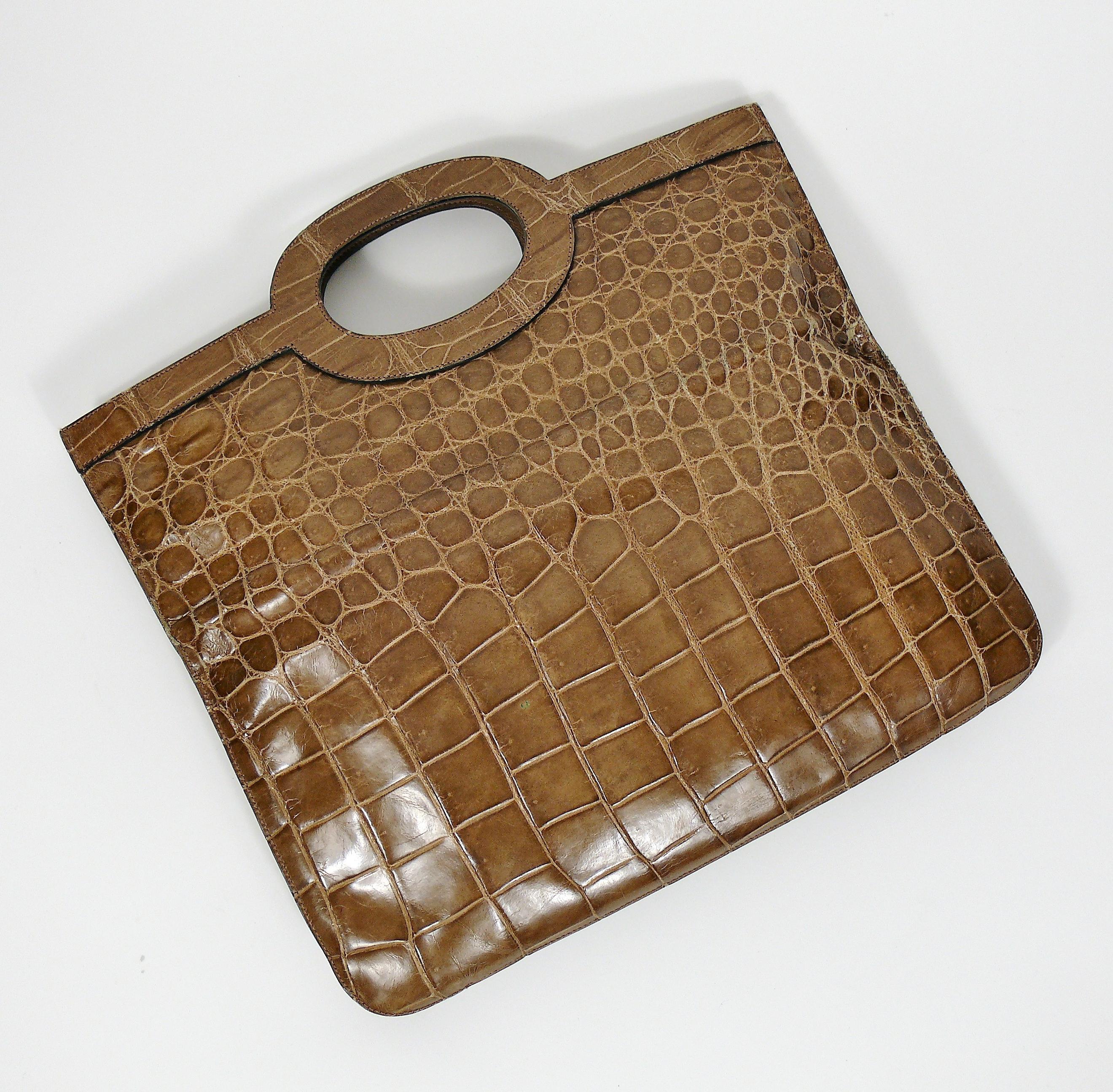 Brown Christian Dior Vintage Crocodile Leather Envelope Clutch