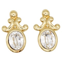 Christian Dior Vintage Crystal Baroque Blossom Flower Large Oval Clip Earrings