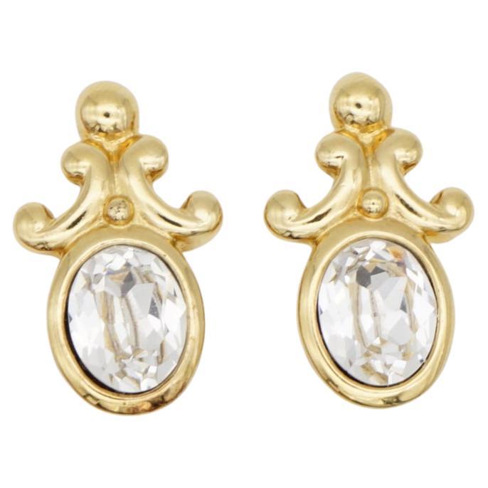 Christian Dior Vintage Crystal Baroque Blossom Flower Large Oval Clip Earrings For Sale