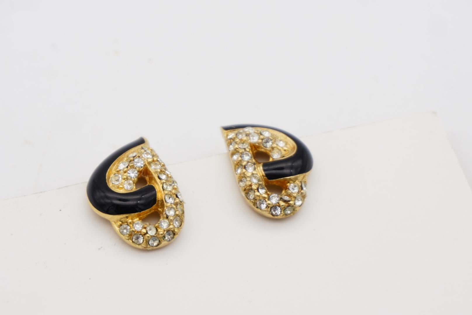 Christian Dior Vintage Kristalle Schwarzes Doppelherz ineinandergreifende Gold-Clip-Ohrringe im Angebot 5