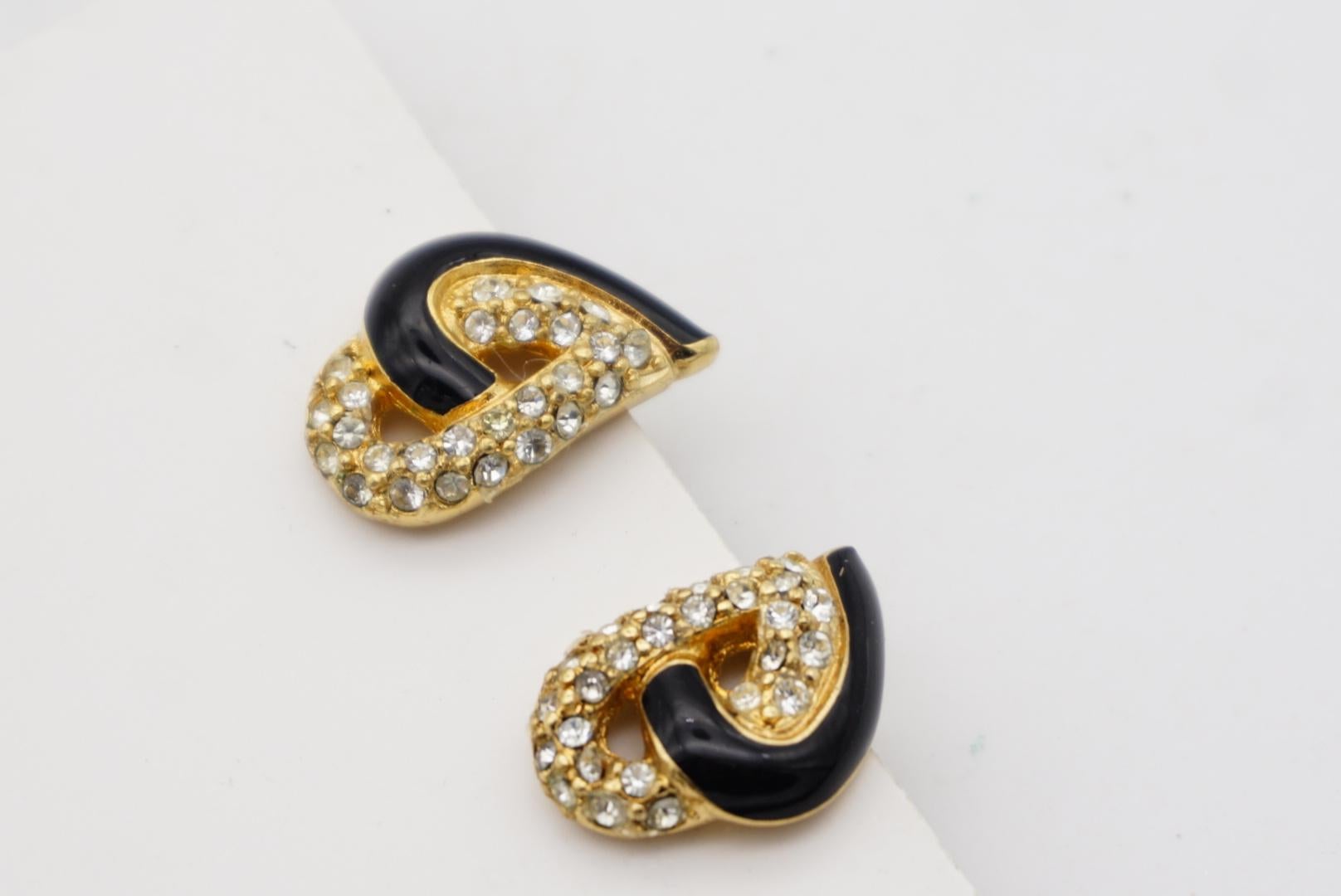 Christian Dior Vintage Crystals Black Double Heart Interlock Gold Clip Earrings For Sale 5