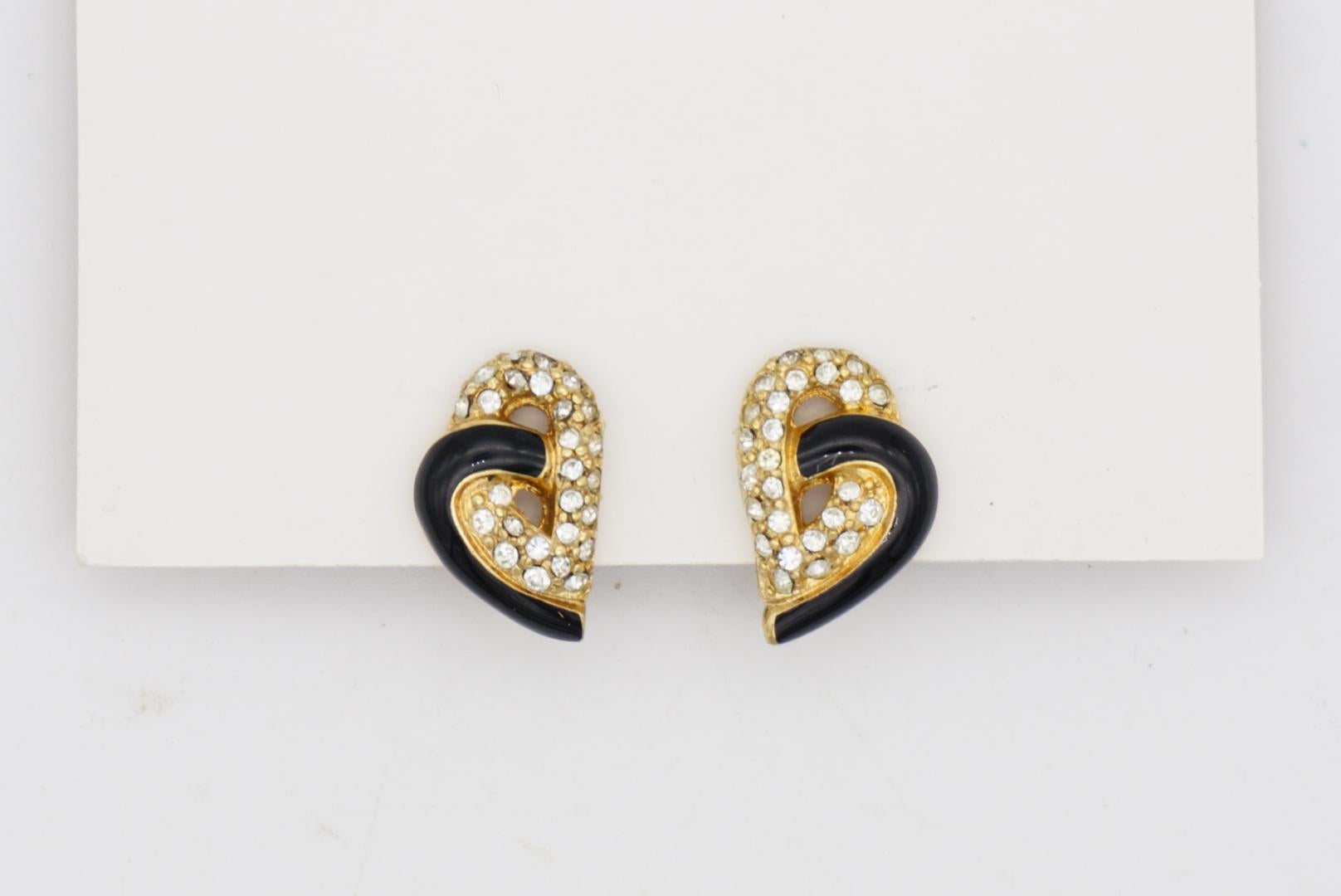 Christian Dior Vintage Crystals Black Double Heart Interlock Gold Clip Earrings For Sale 2