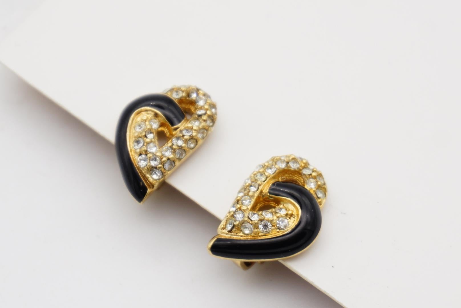 Christian Dior Vintage Crystals Black Double Heart Interlock Gold Clip Earrings For Sale 4