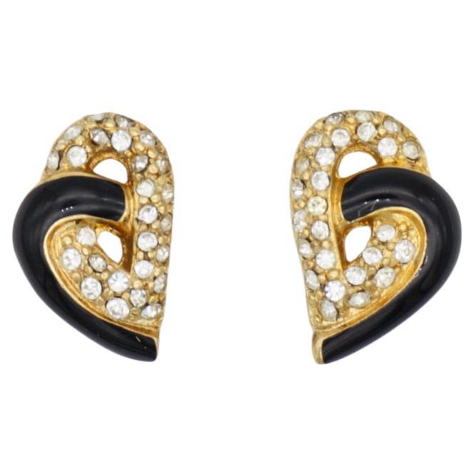 Christian Dior Vintage Crystals Black Double Heart Interlock Gold Clip Earrings