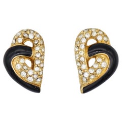 Christian Dior Retro Crystals Black Double Heart Interlock Gold Clip Earrings