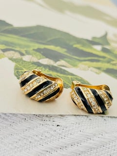Christian Dior Vintage Crystals Black Enamel Gold Spiral Hoop Domed Earrings