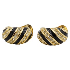 Christian Dior Vintage Crystals Black Enamel Gold Spiral Hoop Domed Earrings