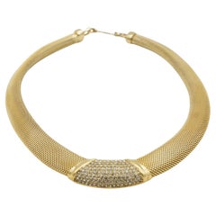 Christian Dior Vintage Crystals Pendant Wide Mesh Woven Omega Chunky Necklace