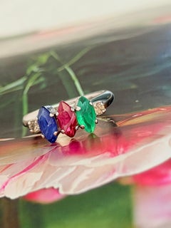 Christian Dior Vintage Crystals Red Ruby Emerald Sapphire Marquise Silver Ring