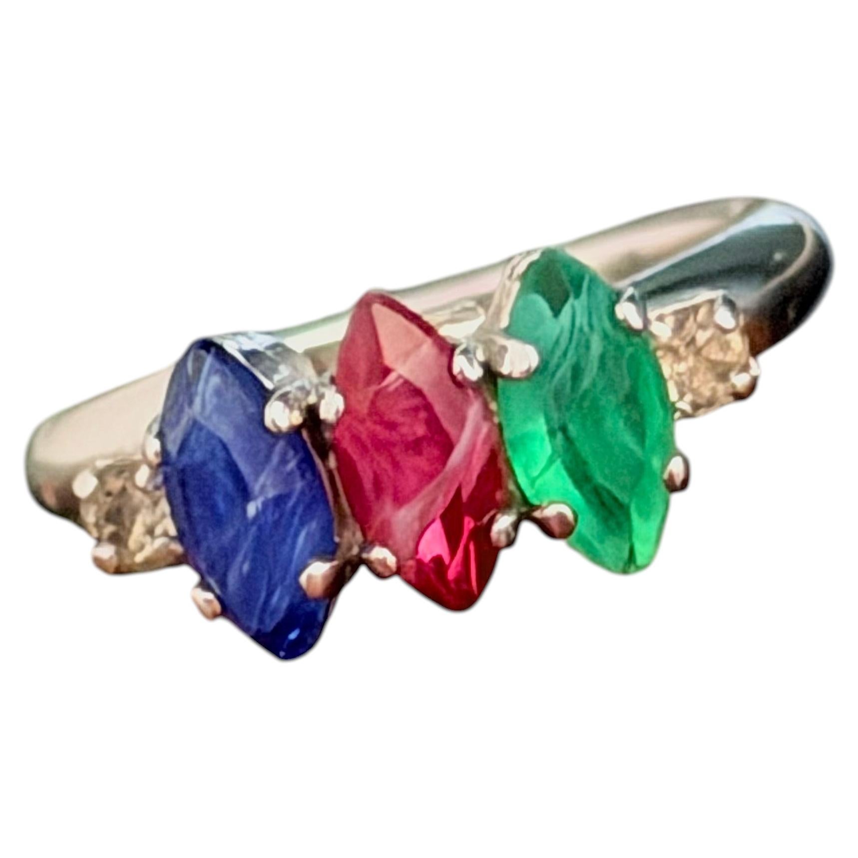 Christian Dior Vintage Crystals Red Ruby Emerald Sapphire Marquise Silver Ring im Angebot