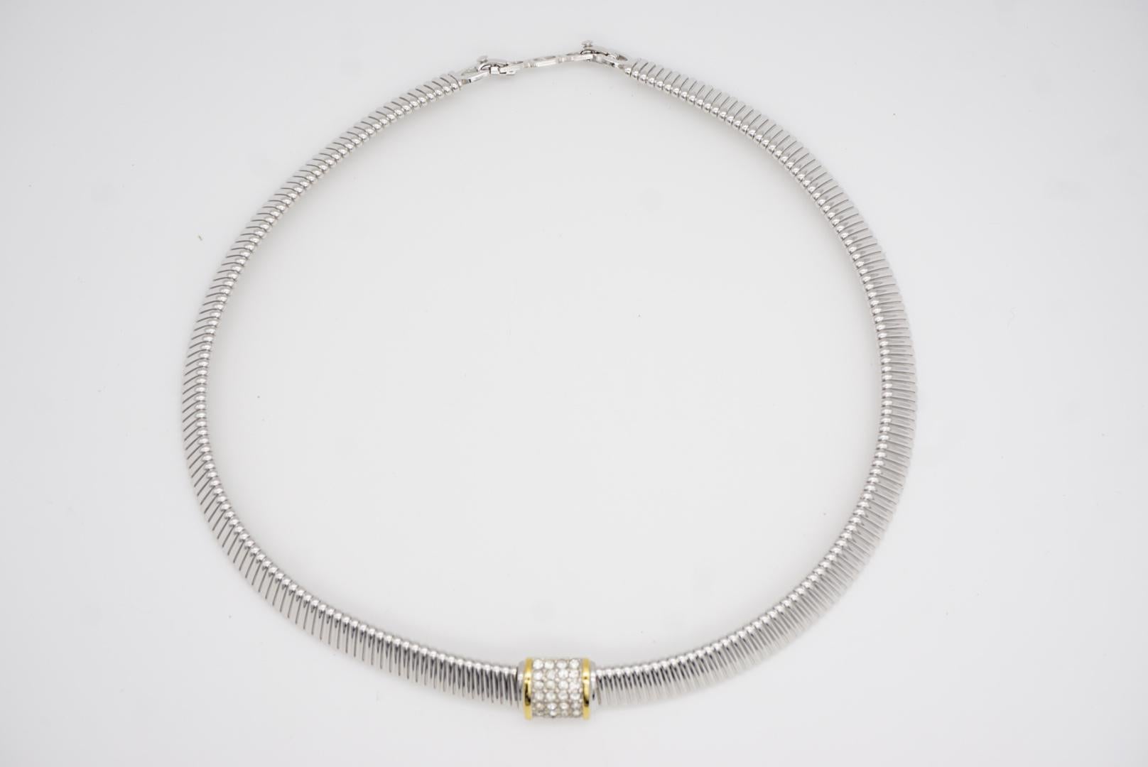 Christian Dior Vintage Crystals Square Gold Line Omega Choker Silver Necklace For Sale 5