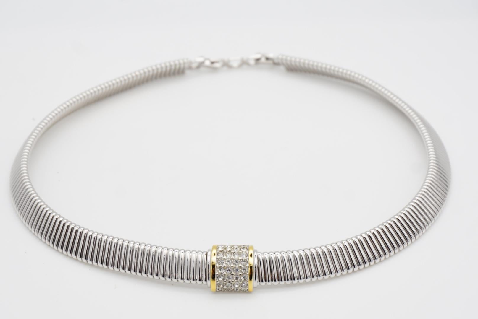Christian Dior Vintage Crystals Square Gold Line Omega Choker Silver Necklace For Sale 6