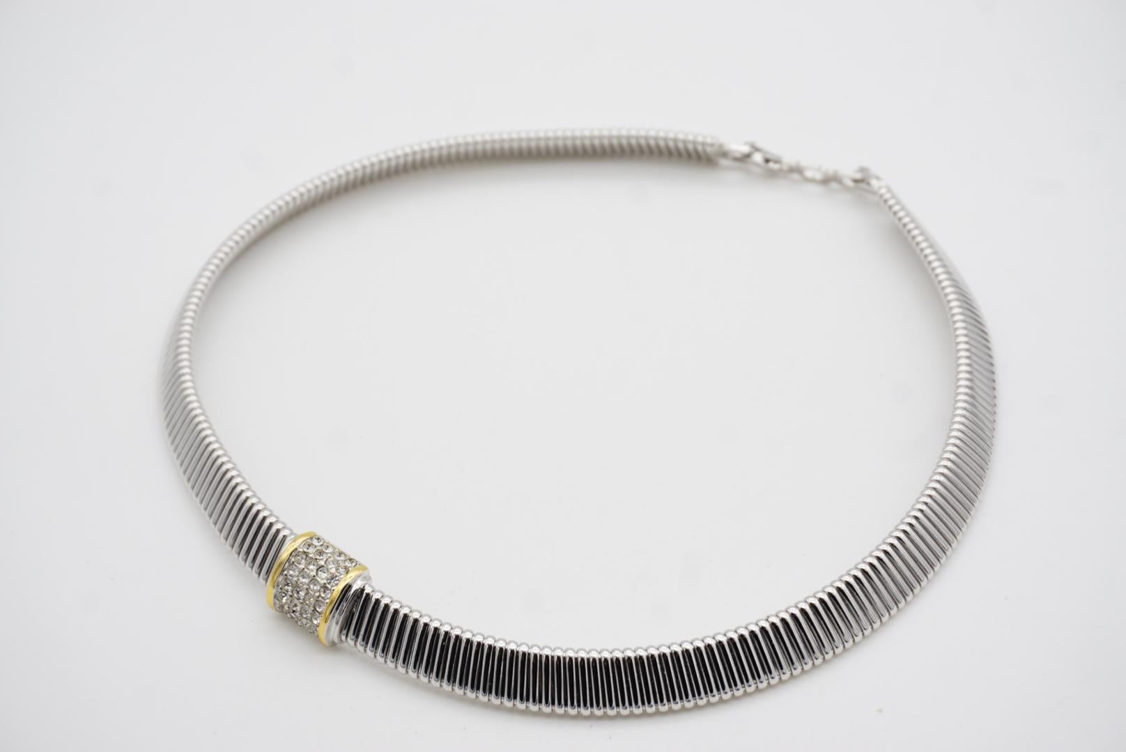 Christian Dior Vintage Crystals Square Gold Line Omega Choker Silver Necklace For Sale 7