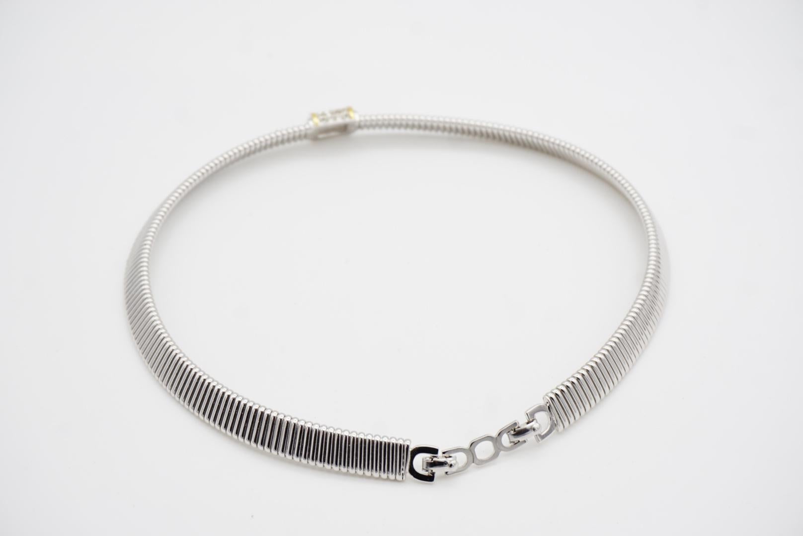 Christian Dior Vintage Crystals Square Gold Line Omega Choker Silver Necklace For Sale 8