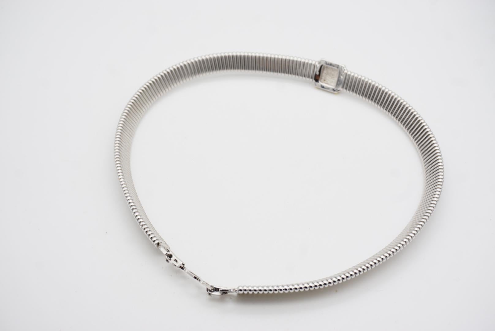 Christian Dior Vintage Crystals Square Gold Line Omega Choker Silver Necklace For Sale 9