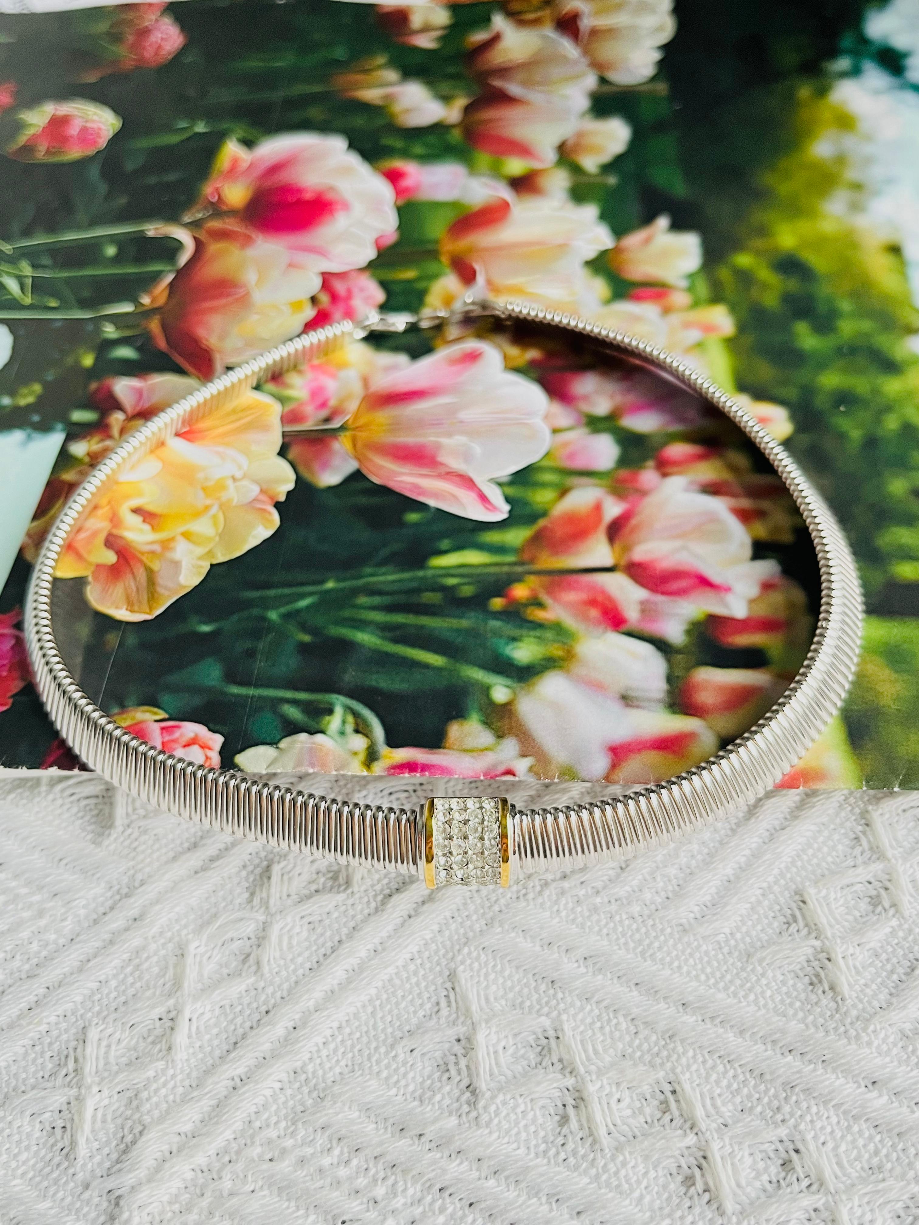 Art Deco Christian Dior Vintage Crystals Square Gold Line Omega Choker Silver Necklace For Sale