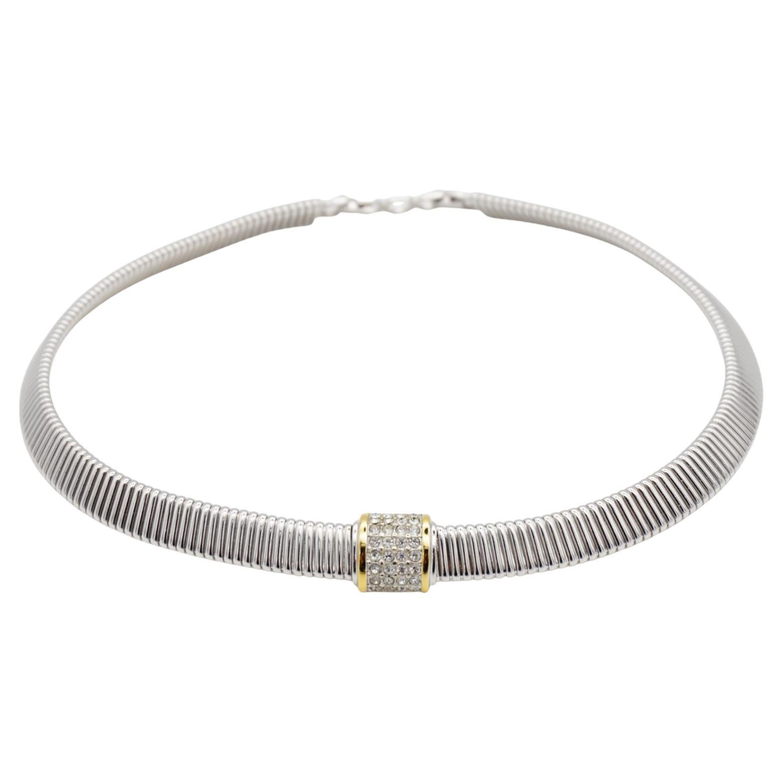 Christian Dior Vintage Crystals Square Gold Line Omega Choker Silver Necklace For Sale