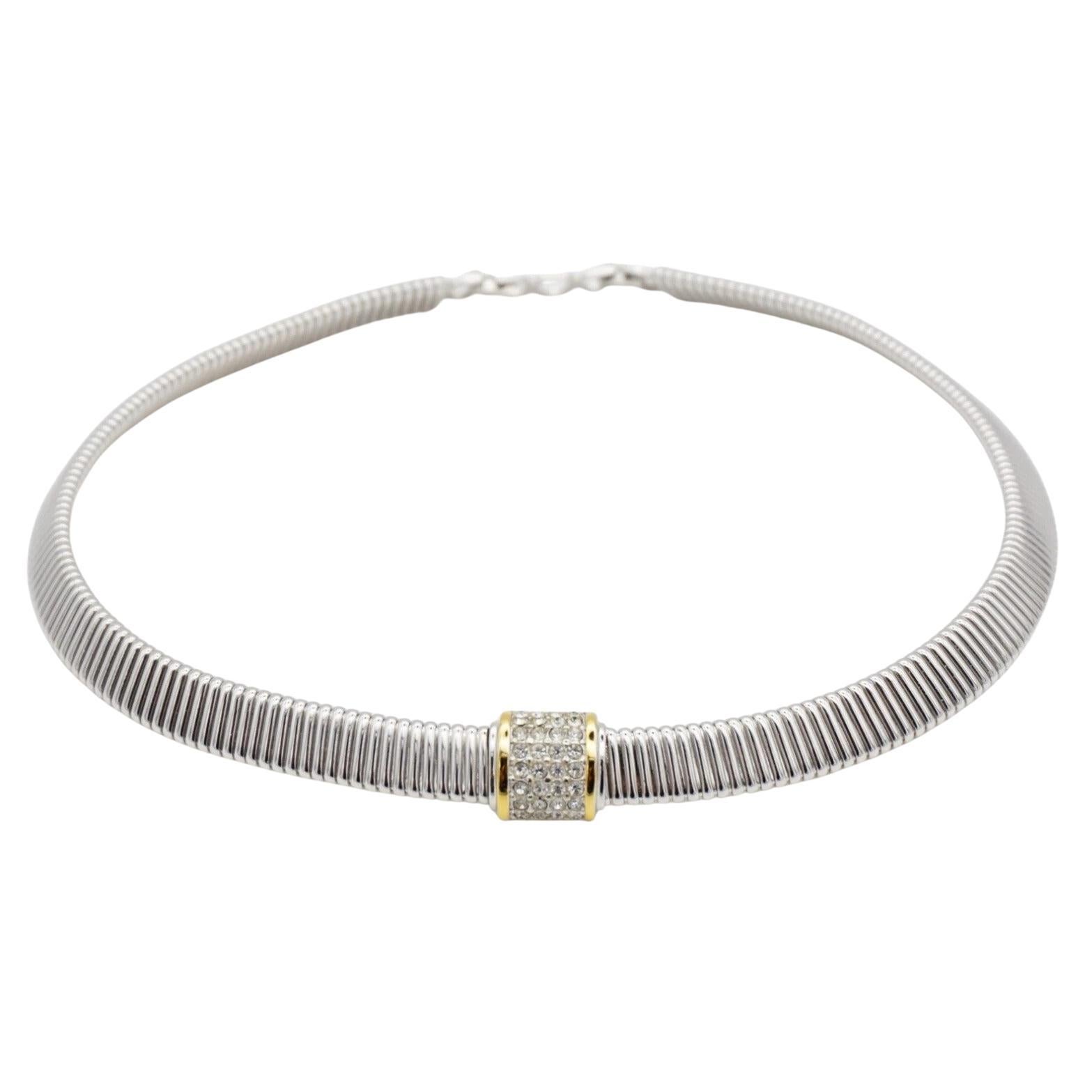 Christian Dior Vintage Crystals Square Gold Line Omega Choker Silver Necklace